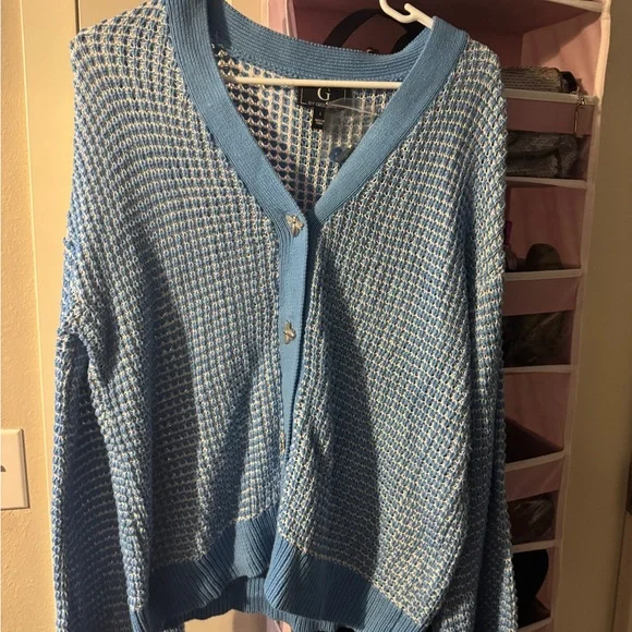 G by Giuliana Blue Plaid Cardigan with Bee Accents - Picture 6 of 6
